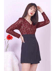 Fine Lace Overlay Long Sleeve Front Addiction Layer Playsuit (Maroon + Black)